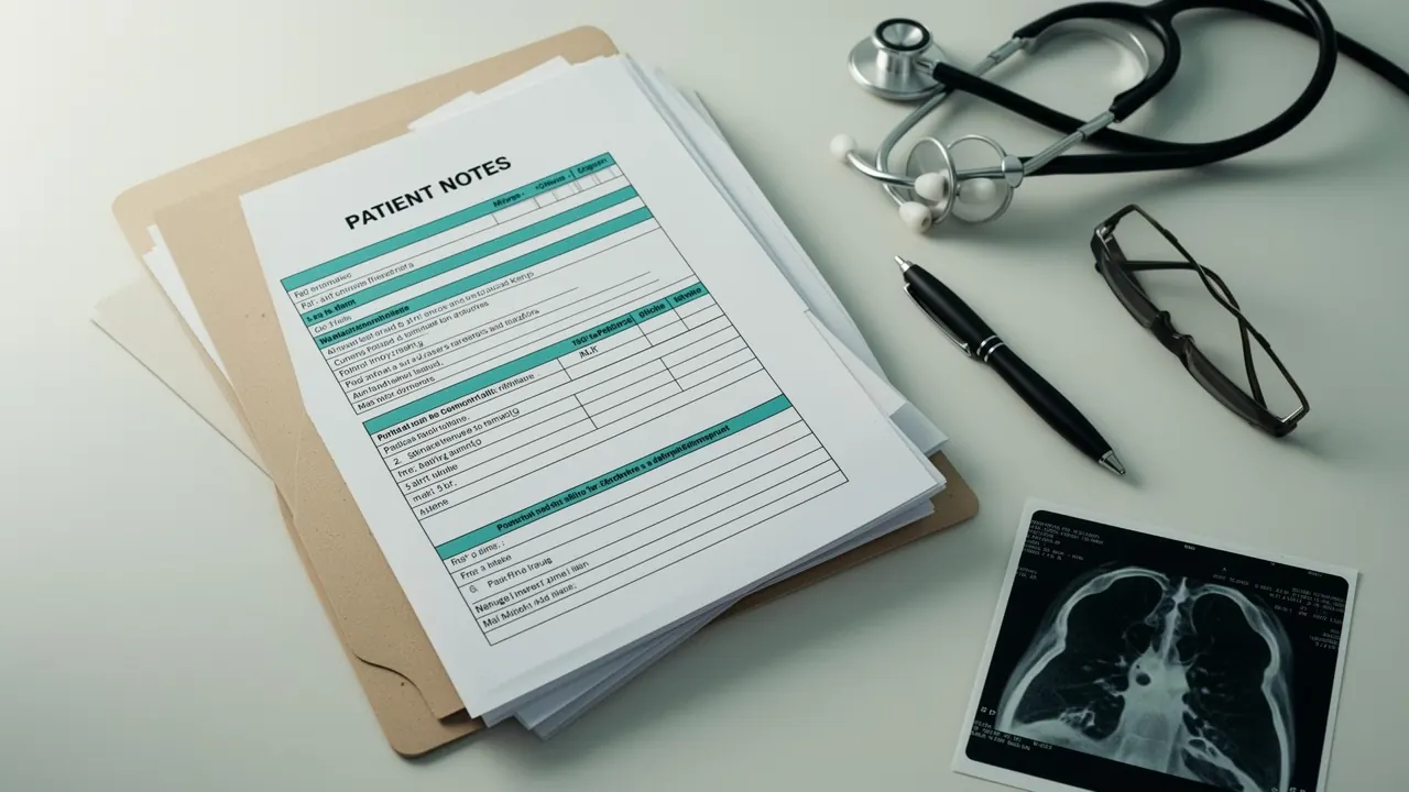 Patient medical notes, a stethoscope, reading glasses and a radiograph laid out on a desk for review