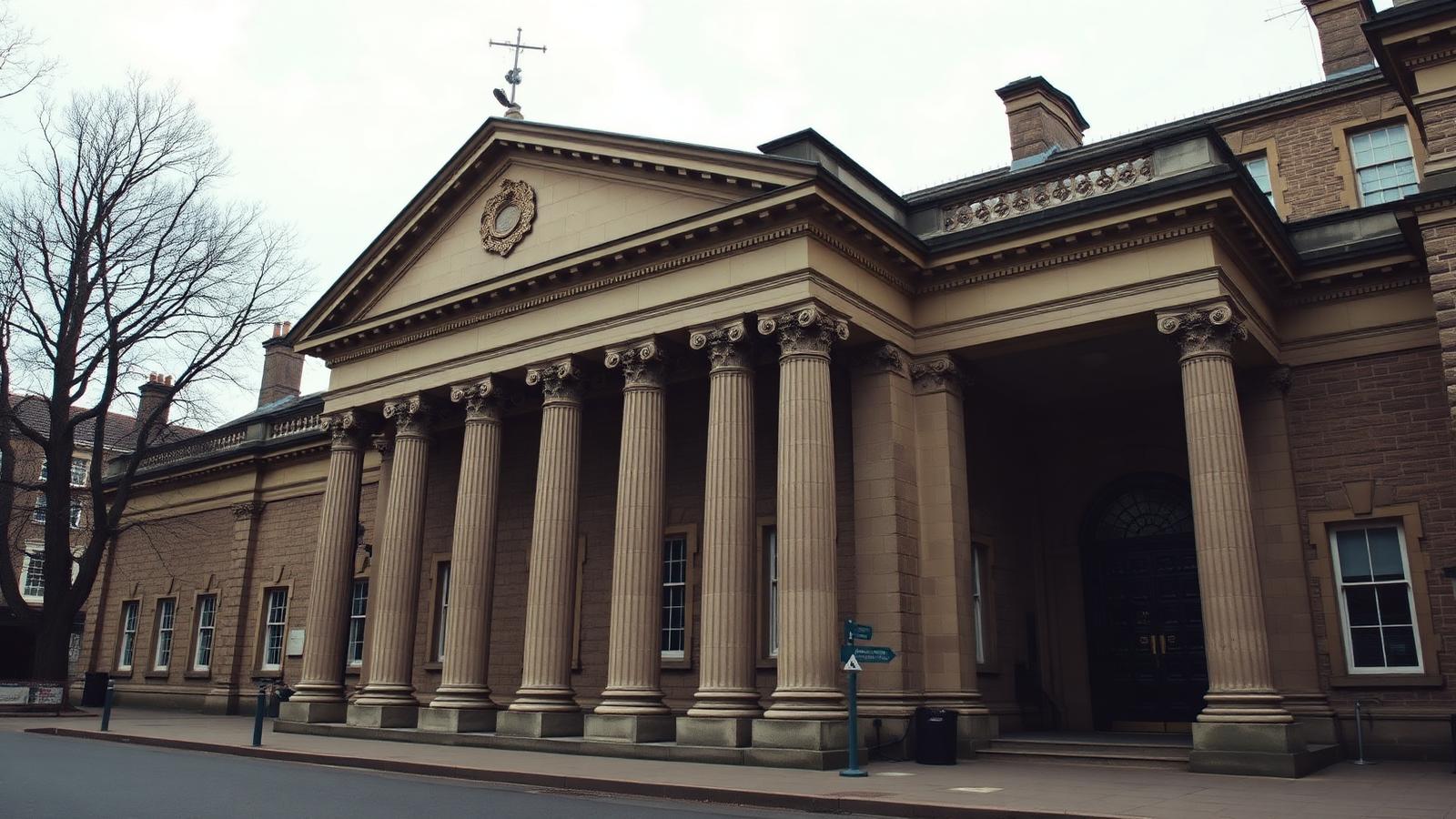 Stone Victorian courthouse with classical columns under an overcast sky