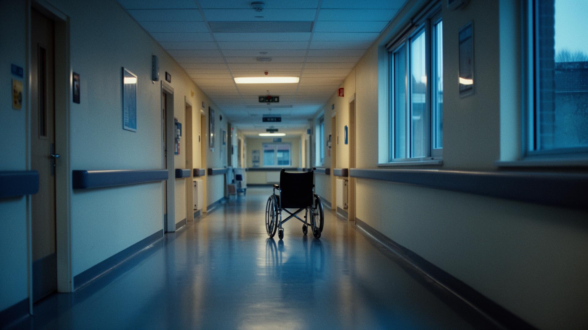 Long hospital corridor in low clinical light