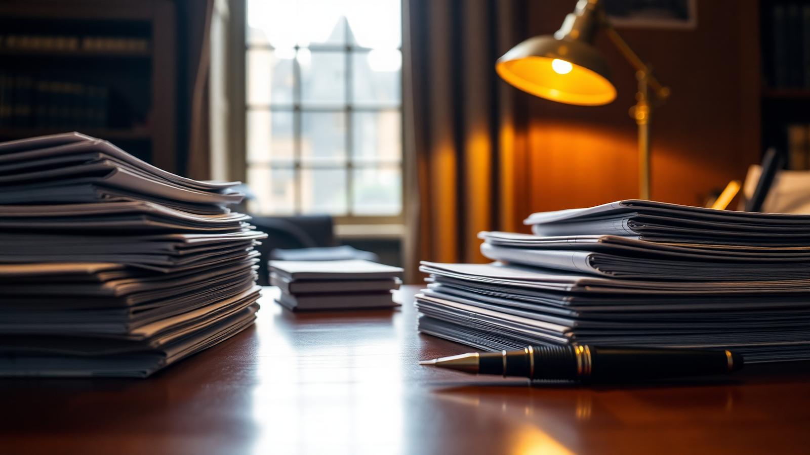 Stacked legal case bundles and a fountain pen on a solicitor's desk