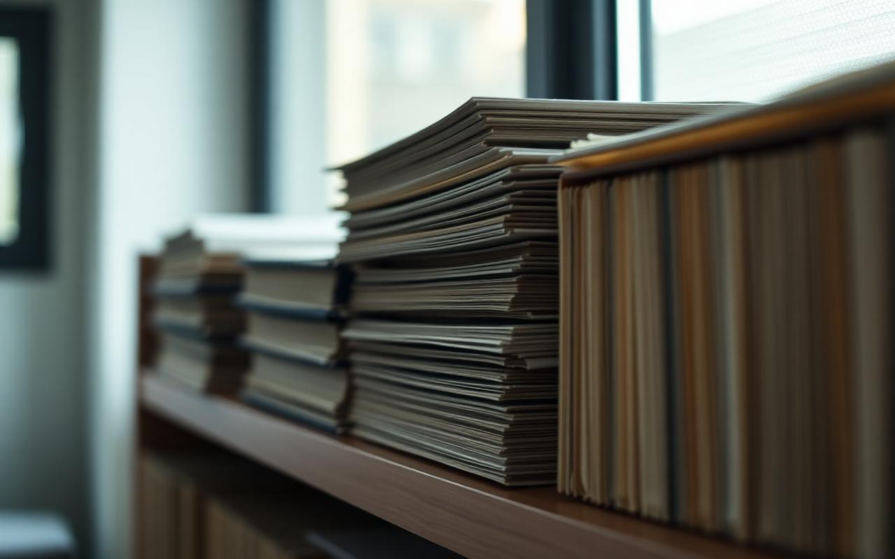 Medical records folders stacked on an archive shelf