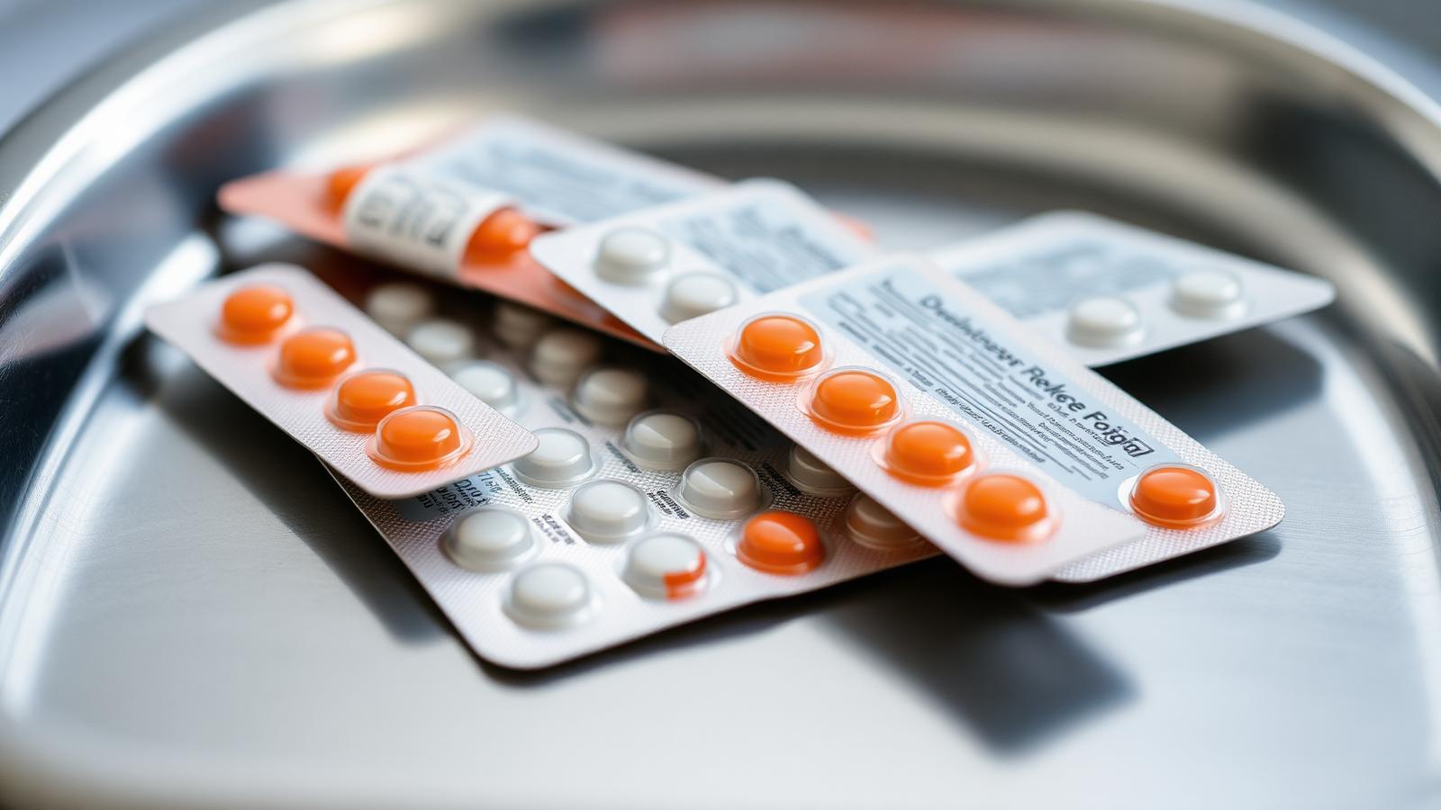 Blister packs of prescription medication on a stainless steel hospital tray