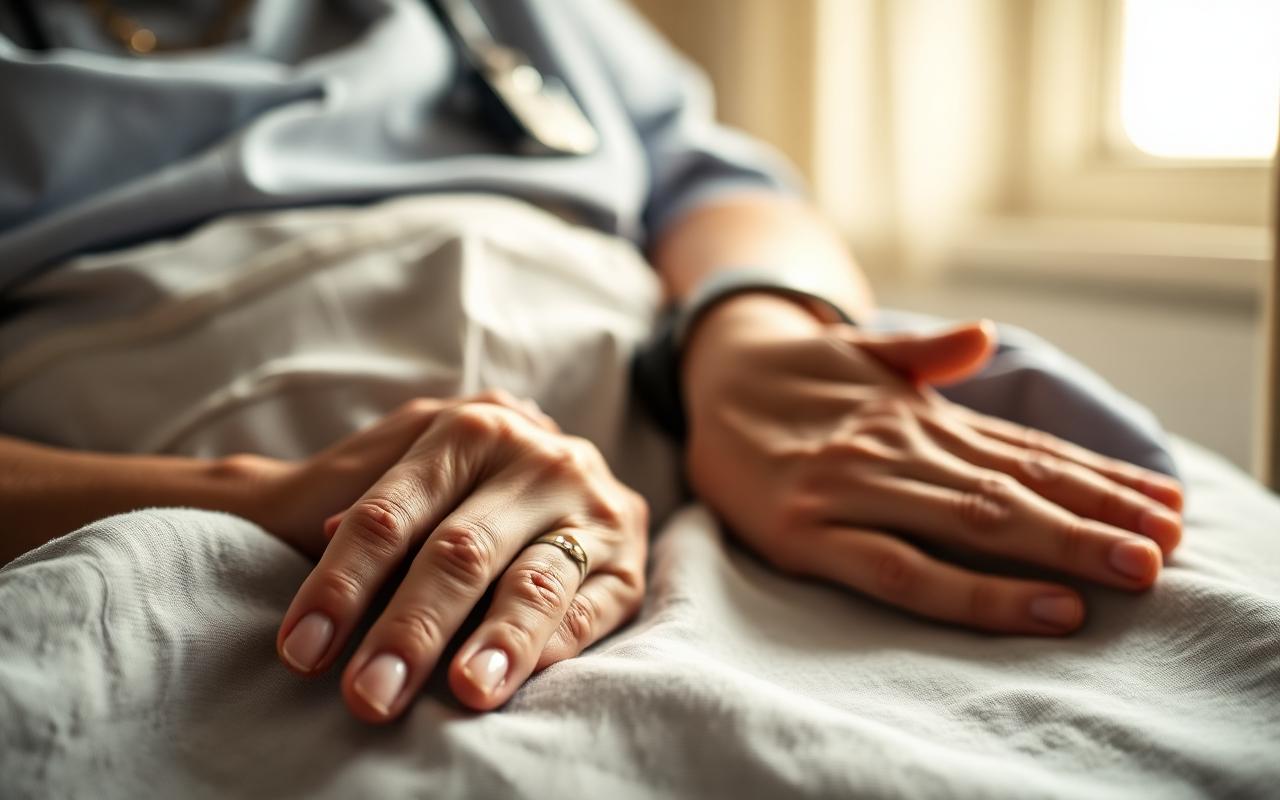A nurse's hand resting over a patient's hand on a hospital blanket